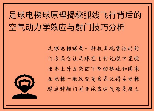足球电梯球原理揭秘弧线飞行背后的空气动力学效应与射门技巧分析